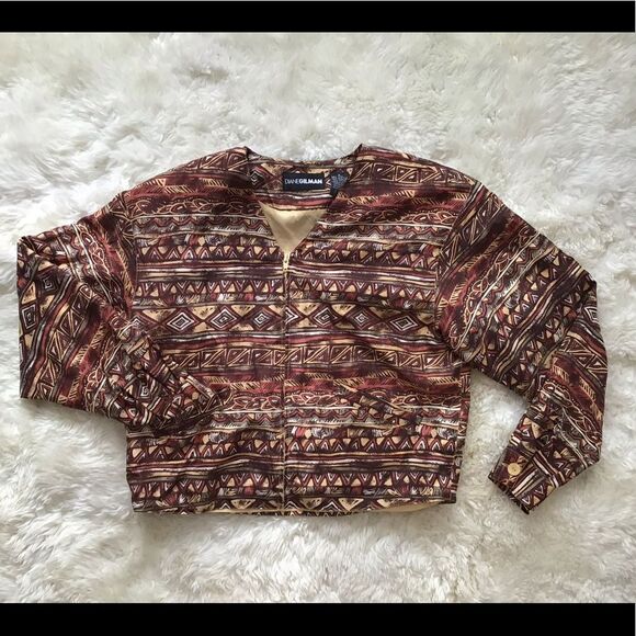 VTG Diane Gilman Silk Bomber Jacket Aztec Print,Western, Grunge Style,Medium - Picture 1 of 6